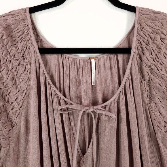 Free People Blouson Mini Dress Size XS Boho Tunic Balloon Sleeve Raw Hem Crinkle - Picture 11 of 13